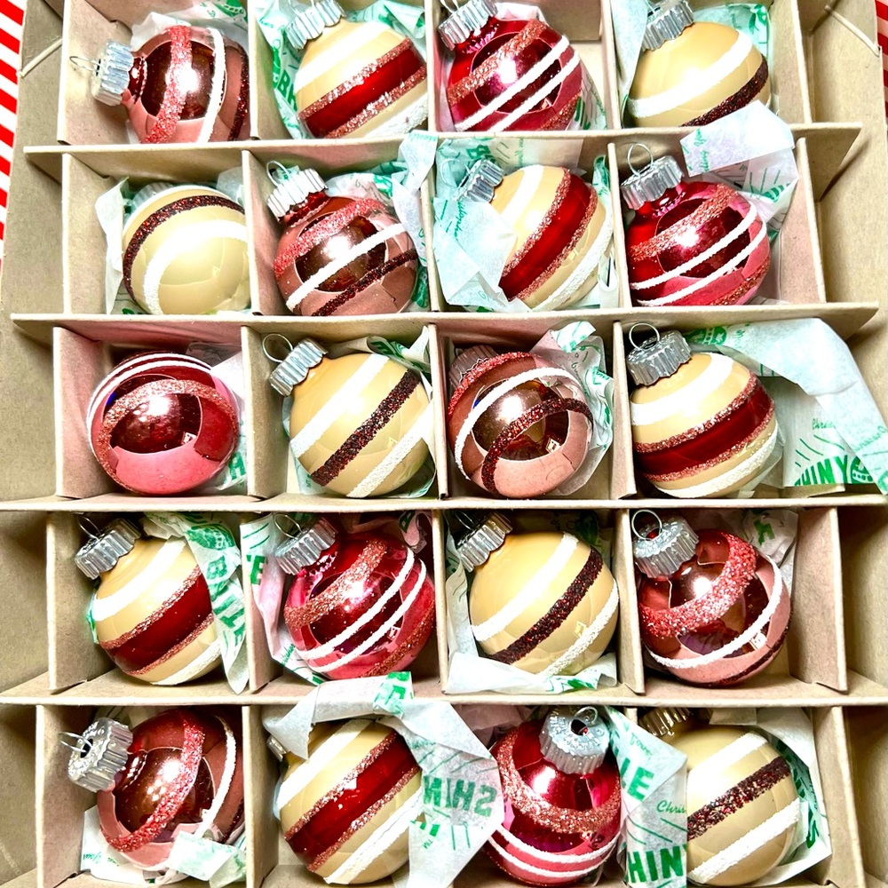 20 Christmas Radko Glass Ball Ornaments Burgundy Beige White Pink Glitter Stripe